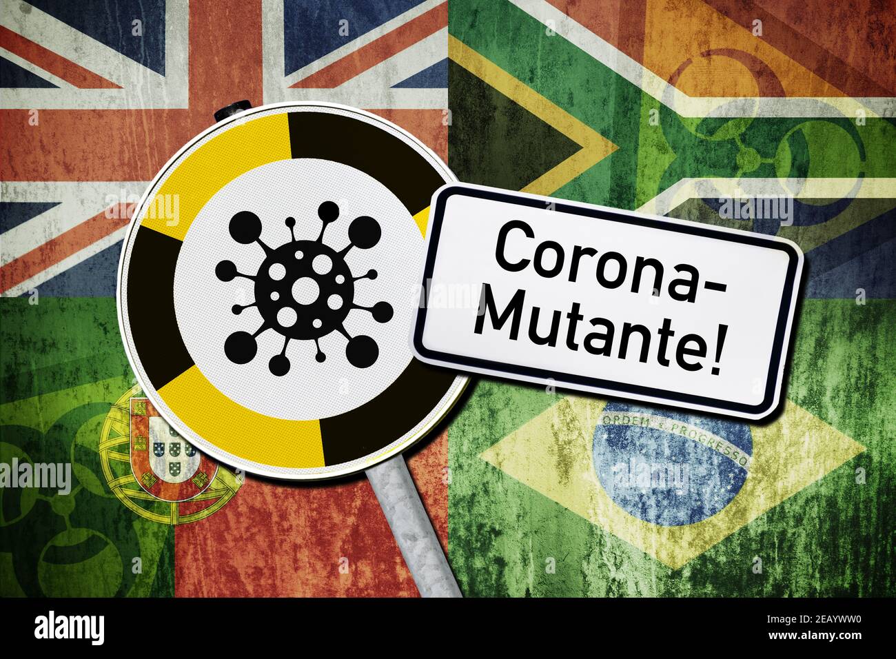 Señales de advertencia de coronavirus y banderas de Gran Bretaña, Portugal, Brasil y Sudáfrica, mutación Covid Foto de stock