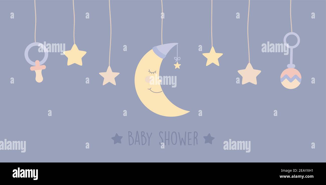 bebé ducha tarjeta de bienvenida con el pelele colgante luna y..  Ilustración de vector de estrella EPS10 Imagen Vector de stock - Alamy