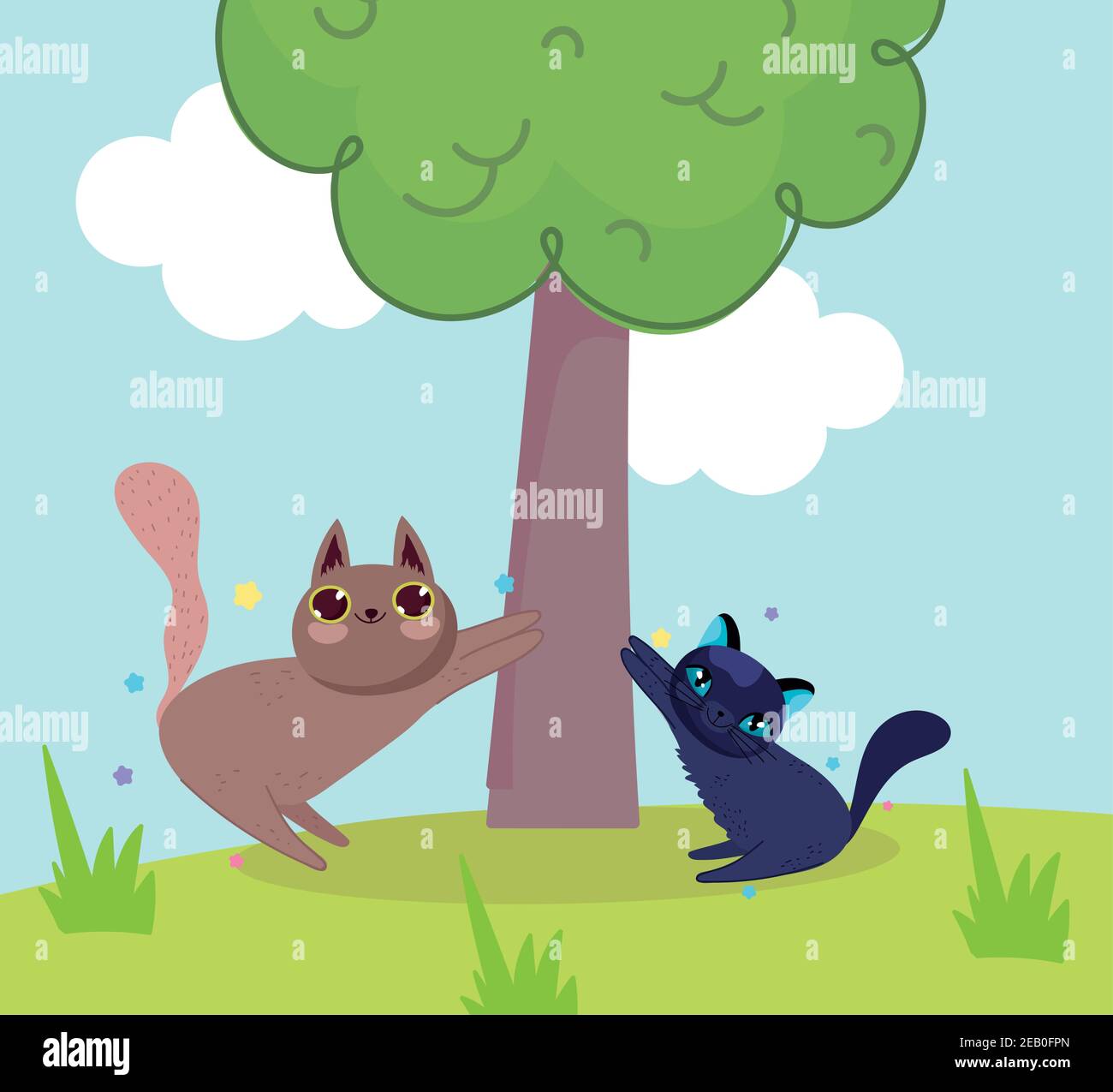 lindos gatos jugando con el árbol en el vector de dibujos animados de
