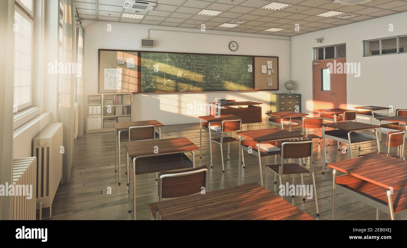 clase escolar con suelo de madera, nadie alrededor. renderizar en 3d. Foto de stock