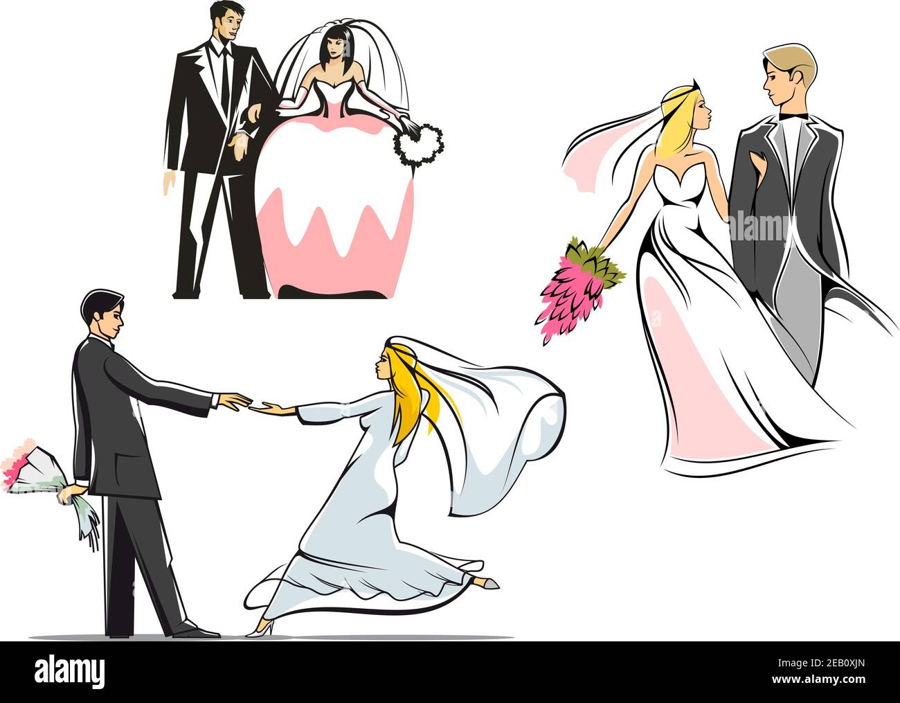 Elegantes novias en vestidos de boda y velos con ramos y guindas en tuxedos  para la ceremonia de boda decoración o invitación diseño Imagen Vector de  stock - Alamy