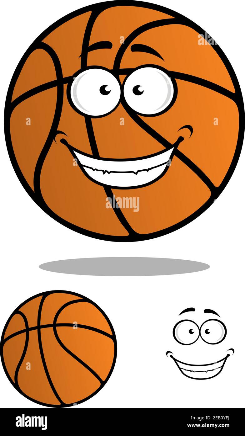 Equipo de baloncesto o mascota de la liga, logotipo con naranja caricatura  personaje de baloncesto con cara divertida y sombra bajo él y segunda  variante sin f Imagen Vector de stock -