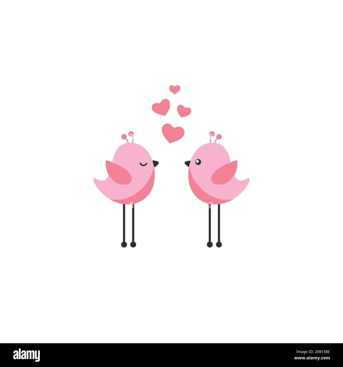 Dos pájaros de dibujos animados de color rosa con corazones de color rosa  sobre fondo blanco. Ilustración vectorial de San Valentín. Tarjeta de  felicitación romántica. Símbolo de amor Imagen Vector de stock -
