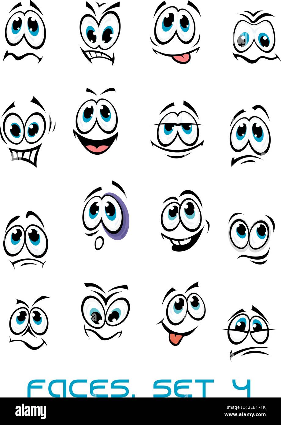 Caras de dibujos animados con diferentes emociones como feliz, divertido,  sonrisa, sorpresa, triste, enojado, sentir y otros Imagen Vector de stock -  Alamy