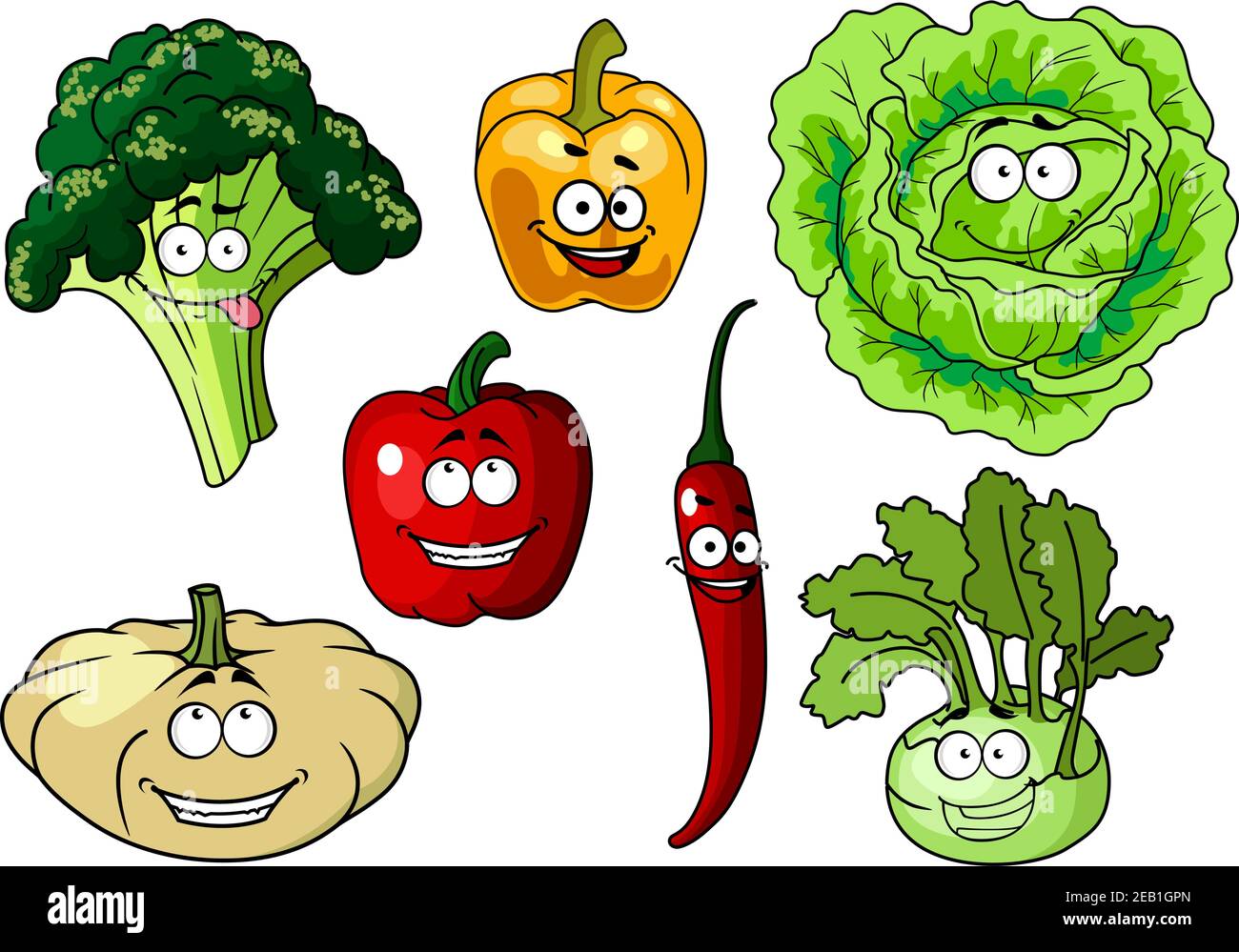 Verduras de dibujos animados saludables y frescas personajes con sonrisas  de brócoli, pimiento, lechuga, Chile, kohl y calabaza o calabaza, ve Imagen  Vector de stock - Alamy
