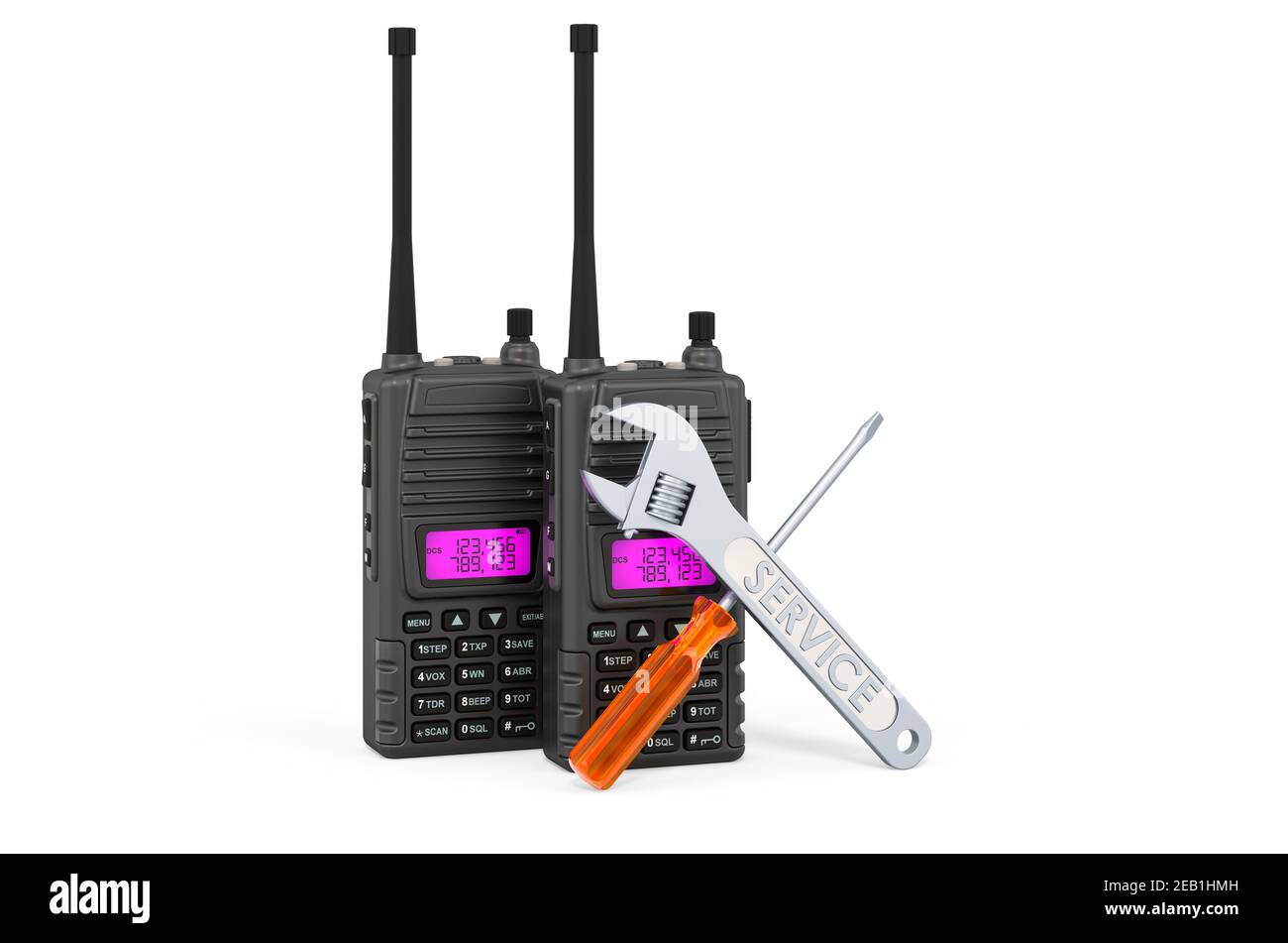 Servicio y reparación de radios portátiles walkie-talkie, reproducción 3D  aislada sobre fondo blanco Fotografía de stock - Alamy