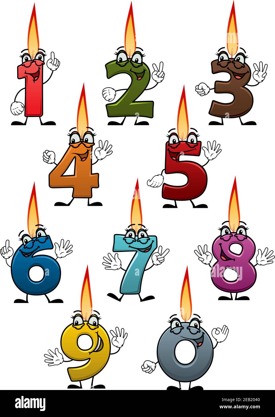 Dibujos animados en forma de número velas de cumpleaños personajes con  sonrisas alegres y llamas brillantes aisladas sobre fondo blanco para  tarjeta de felicitación o pa Imagen Vector de stock - Alamy