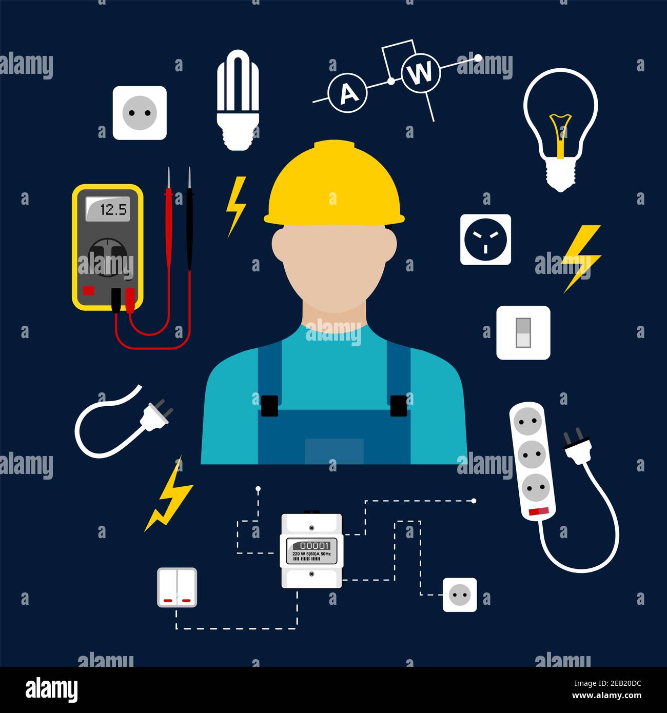 Concepto de electricista profesional con hombre eléctrico en casco amarillo  con suministros eléctricos para el hogar, herramientas eléctricas y equipos  símbolos en dar Imagen Vector de stock - Alamy