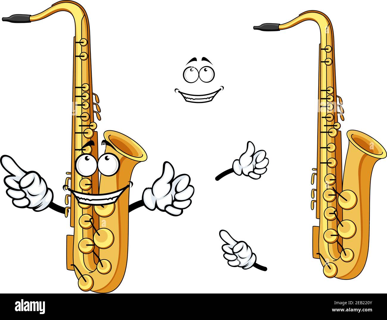 Vista lateral de un personaje de instrumento saxofón de dibujos animados  con una cara sonriente y brazos agitados Imagen Vector de stock - Alamy