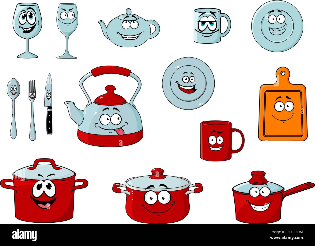 Feliz sonrisa rojo y blanco animados personajes de utensilios de cocina cacerola, ollas, cuchara, cuchillo, tenedor, vasos, tazas, tazas, tetera, Hervidor de agua Imagen Vector de stock - Alamy