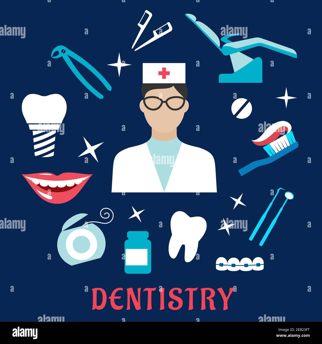Diseño plano de Odontología con dentista femenino en gafas y uniforme