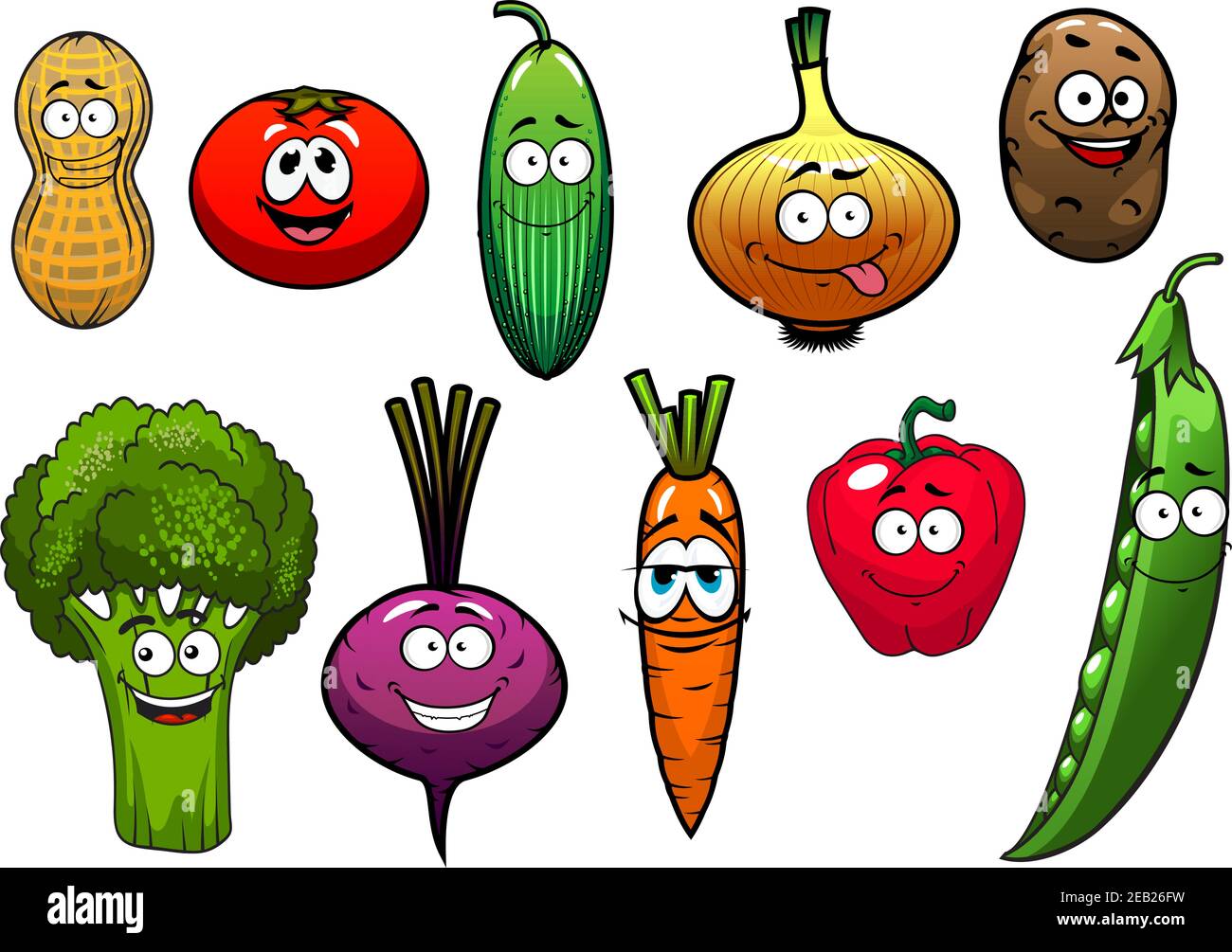 Dibujos animados personajes de verduras con tomate, zanahoria, pepino,  cebolla, papa, pimienta, brócoli, remolacha, maní, guisantes para la  agricultura o vegetariano fresco fo Imagen Vector de stock - Alamy