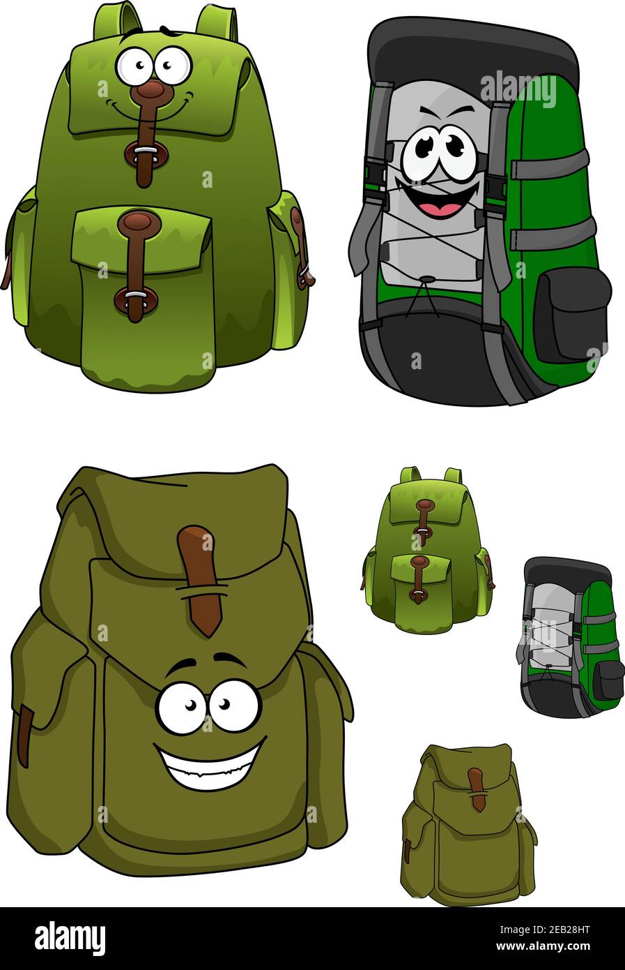 Viaja con mochilas verdes personajes de dibujos animados con muchos  bolsillos, cordones y caras felices para viajar o hacer senderismo Imagen  Vector de stock - Alamy