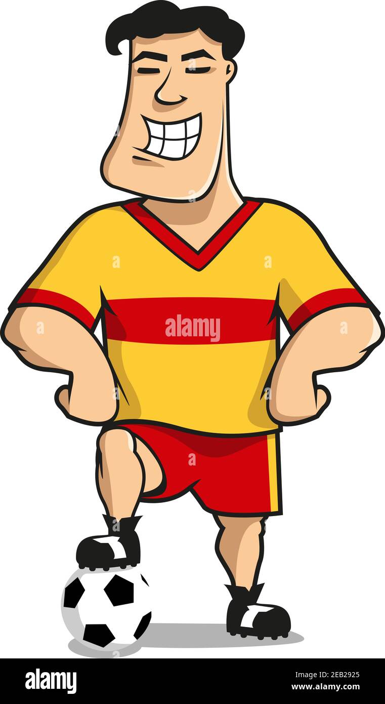 Personaje profesional de fútbol o futbolista de dibujos animados en  amarillo y. uniforme deportivo rojo de pie con una pierna sobre el balón  para diseño de mascota Imagen Vector de stock -