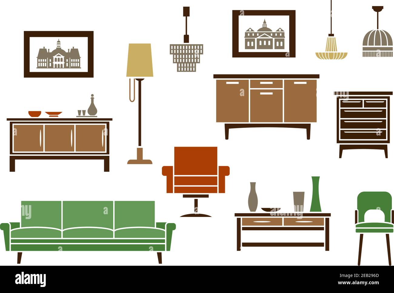 Muebles domésticos e iconos planos interiores con un sofá, silla y sillón  de época, cómodas de madera, obras de arte, lámpara de pie y luminaria  Imagen Vector de stock - Alamy