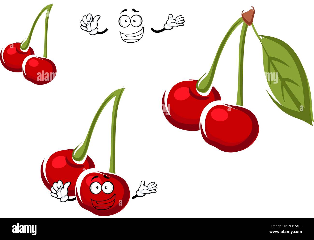 Feliz color rojo cereza frutas dibujos animados carácter con tallos largos  y hojas ovaladas para el diseño de alimentos saludables, aislado en blanco  Imagen Vector de stock - Alamy