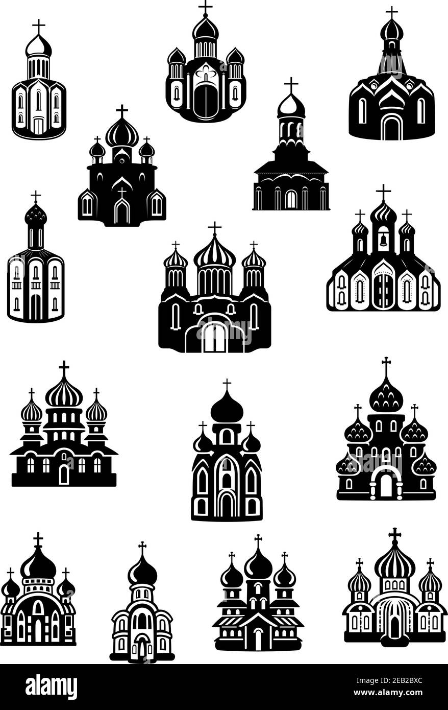 Templo, fane de la iglesia y los iconos de los santuarios con fachadas de la religión católica o ortodoxa edificios abovedados con cruces en la parte superior, para la cultura o la religión Ilustración del Vector