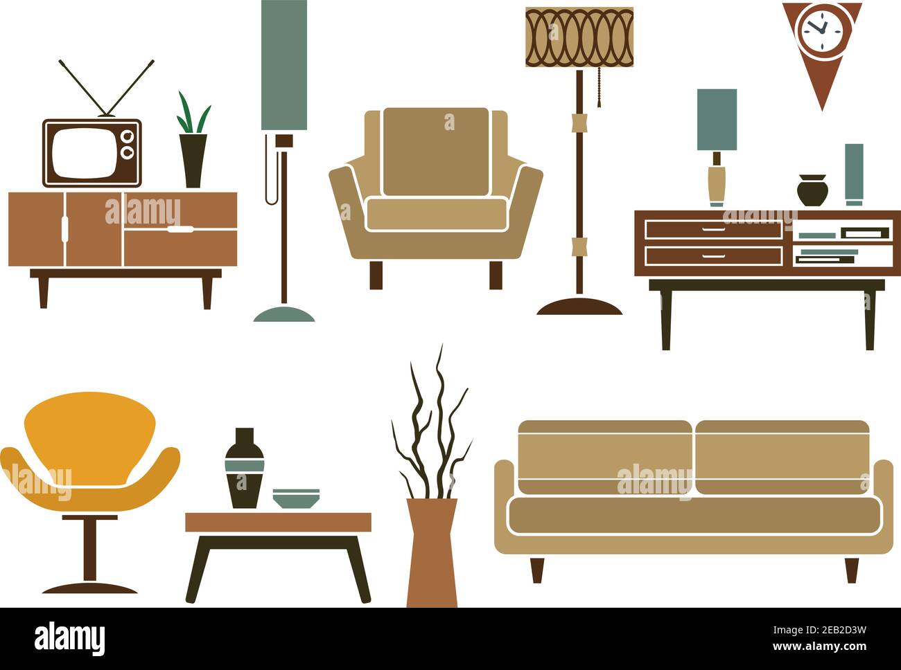 Muebles retro e iconos interiores en estilo plano con sofá y sillones, cómodas y mesa, tv y accesorios interiores, lámparas de piso y va Ilustración del Vector