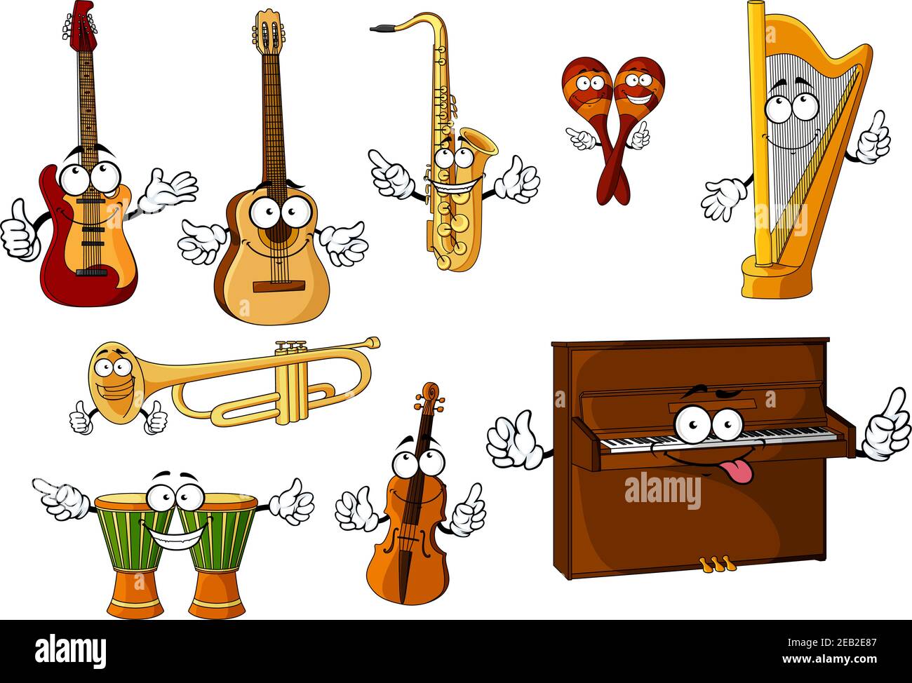 Alegre caricatura clásica instrumentos musicales personajes con batería  djembe africana, piano vertical, arpa, maracas mexicanas, trompeta,  saxofón, violín, g Imagen Vector de stock - Alamy