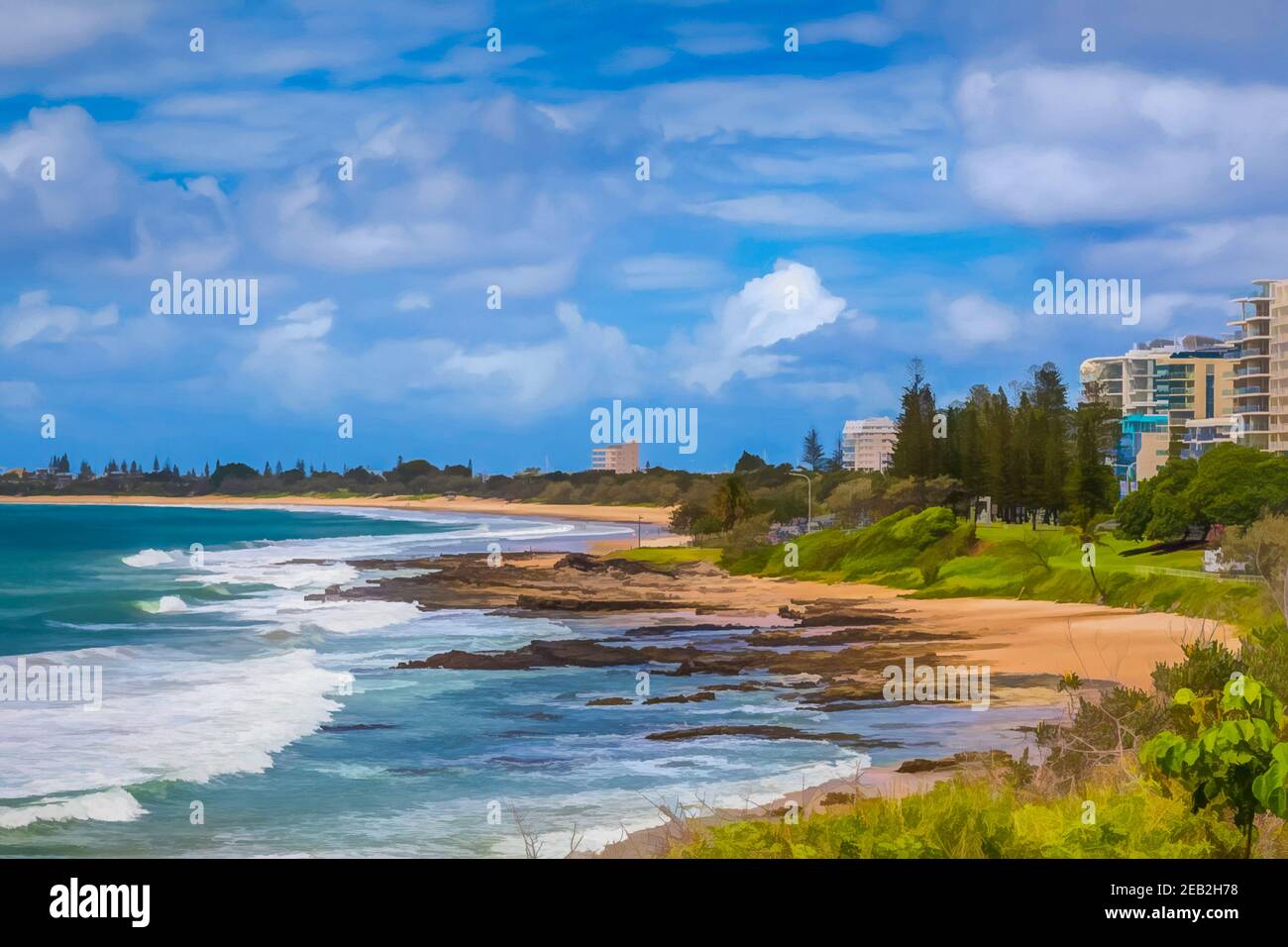 Pintura digital de Mooloolaba Beach, Queensland, Australia, bajo un cielo nublado. Foto de stock