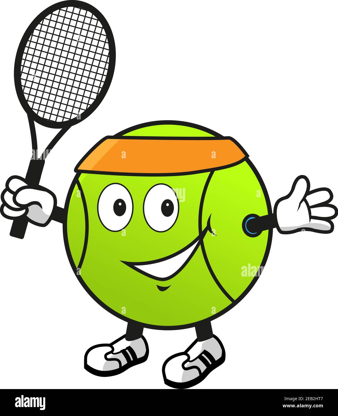 Dibujo animado sonriente verde pelota de tenis personaje en naranja diadema  con raqueta en la mano para un diseño deportivo Imagen Vector de stock -  Alamy