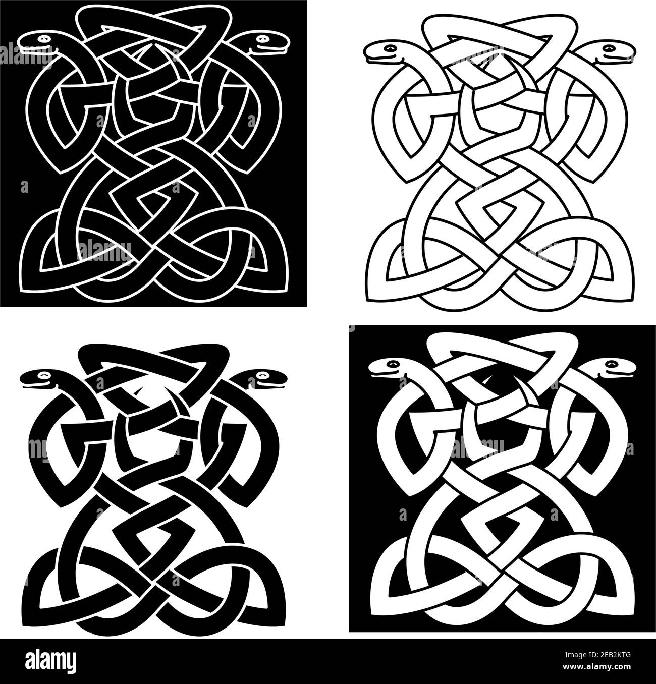 Intrincados emblemas de serpientes entrelazadas que forman un patrón geométrico en diferente variaciones para tatuajes elegantes o arte Ilustración del Vector