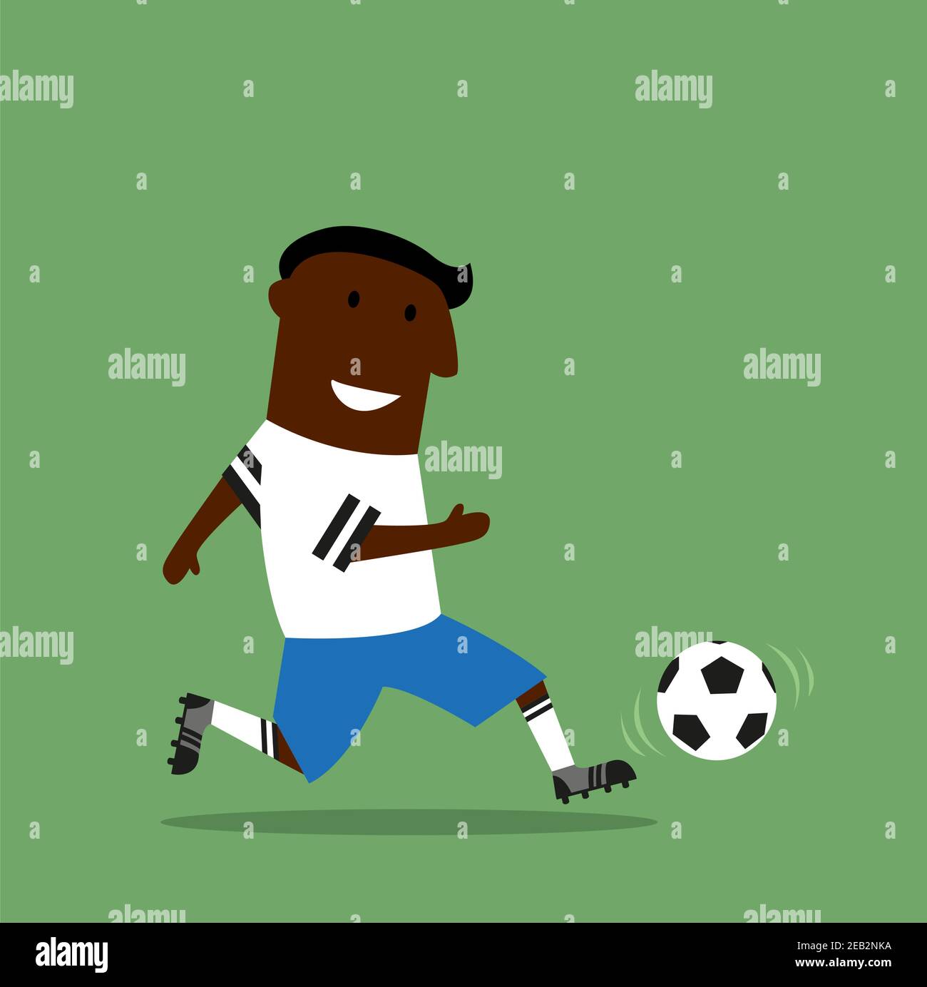Sonriente jugador de fútbol negro o de fútbol en uniforme deportivo regando  una pelota en el campo durante el partido. Dibujos animados de estilo plano  Imagen Vector de stock - Alamy