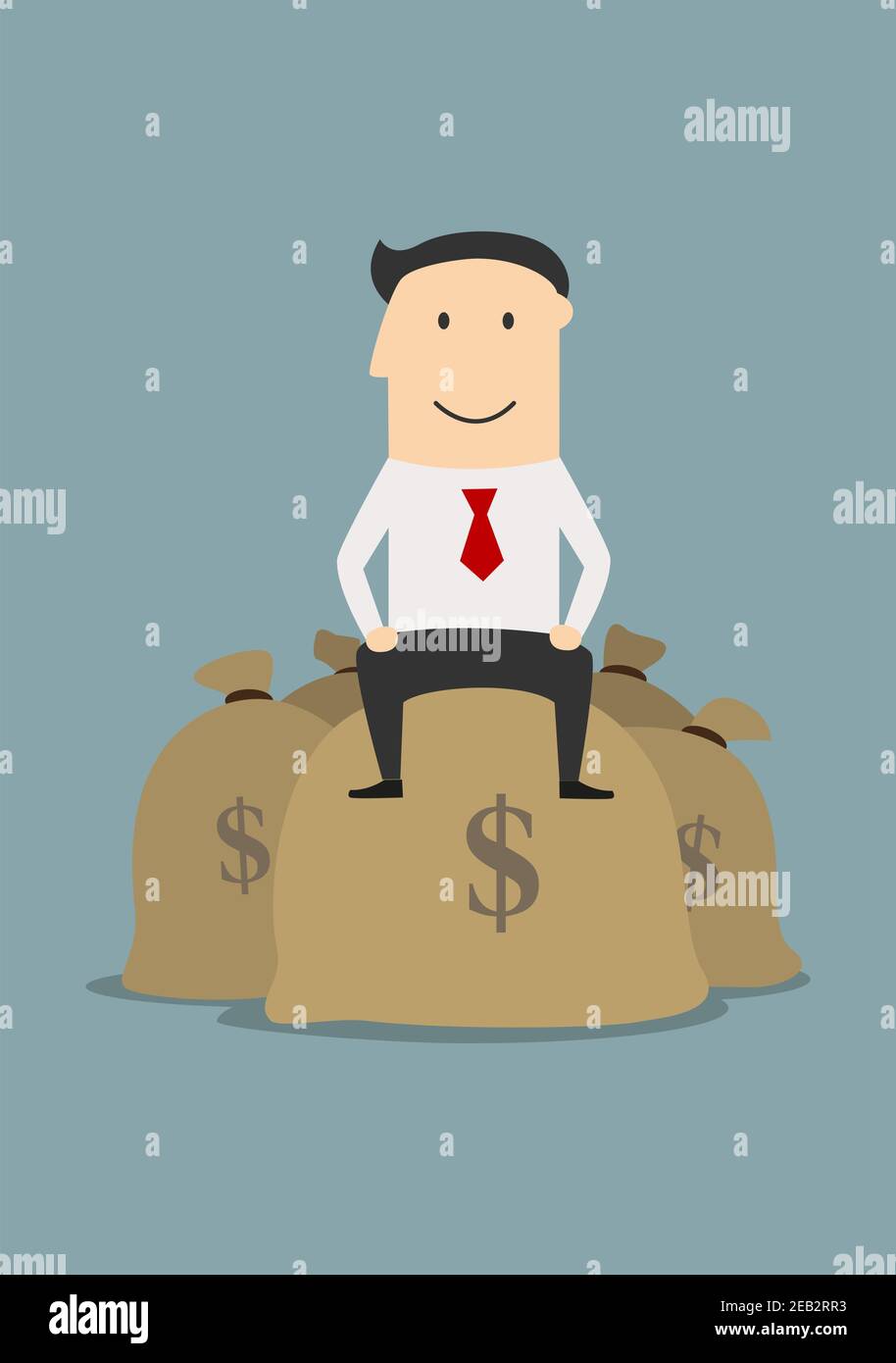 Hombre de negocios de dibujos animados de éxito acomodado en la parte superior de un montón de bolsas de dinero en dólares, para el concepto de negocio Imagen Vector de stock - Hombre de negocios de dibujos animados de éxito acomodado en la parte superior de un montón de bolsas de dinero en dólares, para el concepto de negocio Imagen Vector de stock -