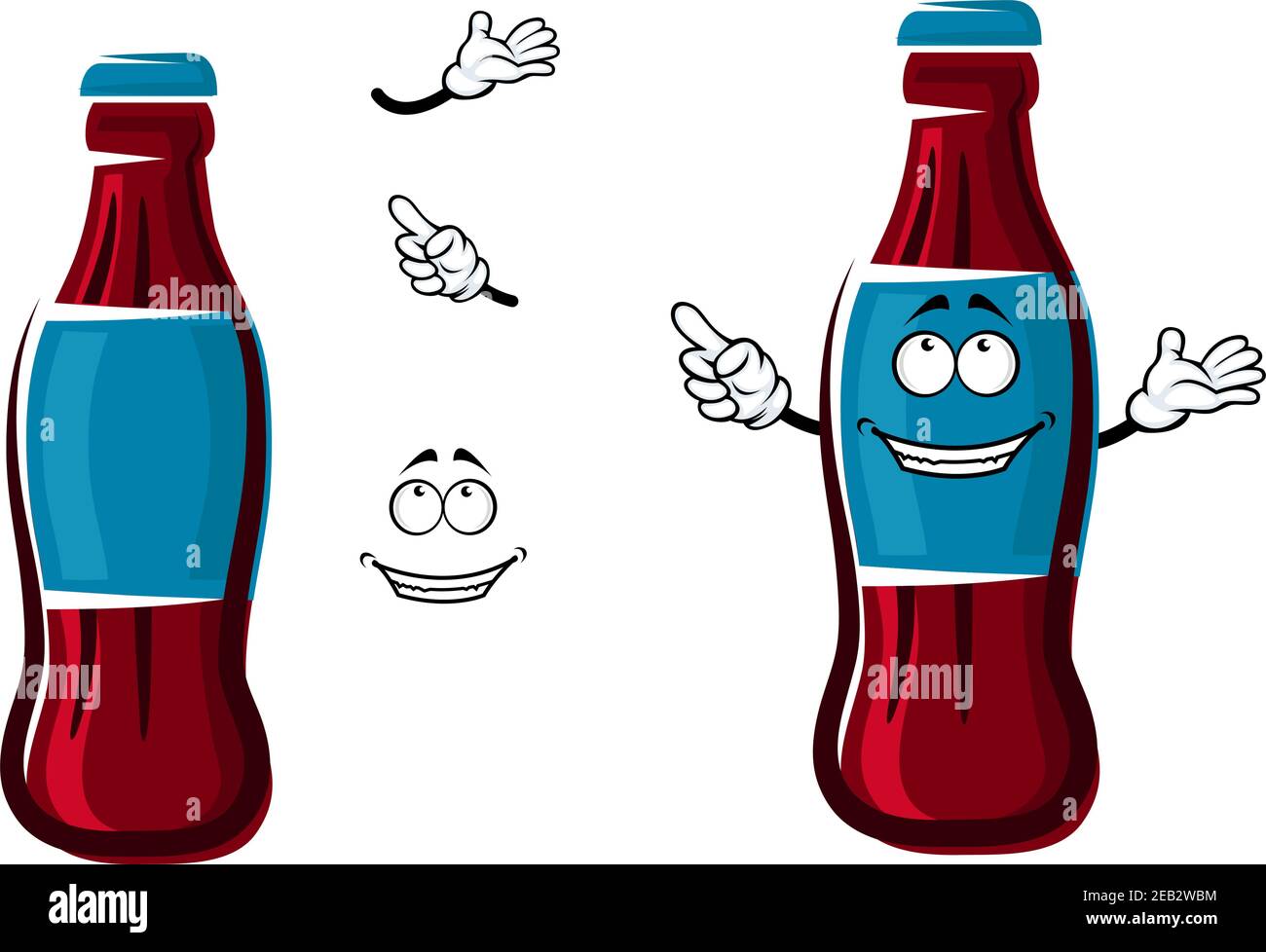 Sonriente dulce botella de soda personaje de dibujos animados con tapa azul  y etiqueta, mostrando el dedo de distancia, para el tema de refrescos o  comida rápida Imagen Vector de stock -