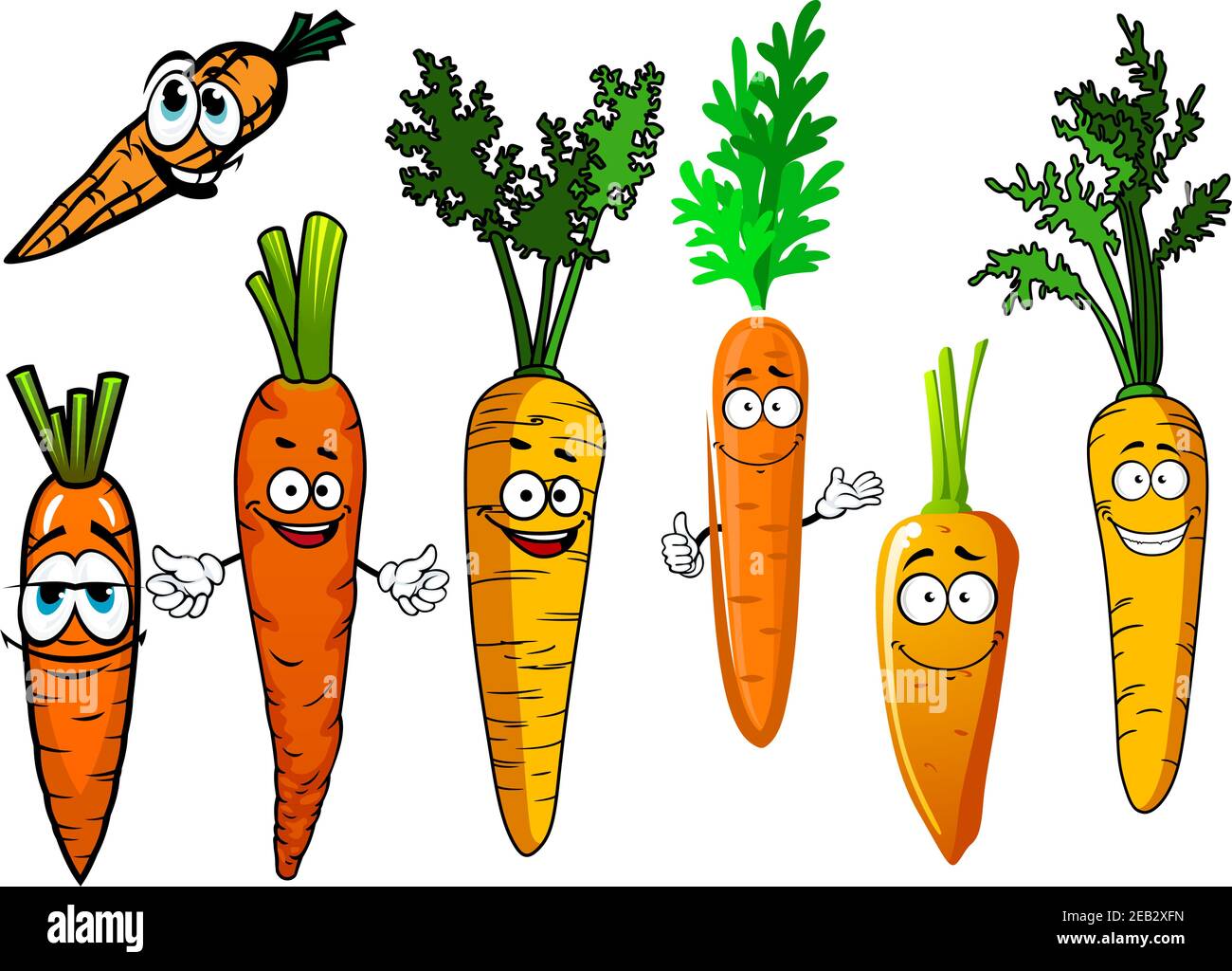 Divertido naranja zanahoria verduras dibujos animados personajes con hojas  verdes rizado y caras sonrientes, para la cosecha de la agricultura y el  diseño de alimentos vegetarianos Imagen Vector de stock - Alamy