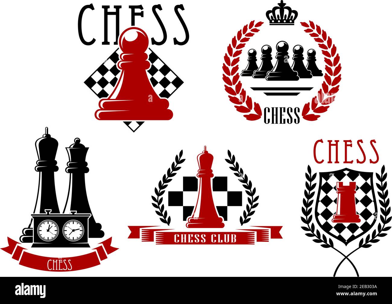 Emblemas y logo del club deportivo de ajedrez con tableros de ajedrez, reloj,  reina, corcho y peones, complementados con escudo medieval, coronas de  laurel, cinta ba Imagen Vector de stock - Alamy