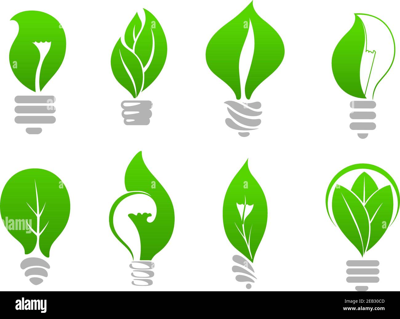 Bombillas ecológicas de bajo consumo iconos de lámparas estilizadas con  hojas frescas en el interior, para la ecología o el diseño de temas de  ahorro de energía Imagen Vector de stock -
