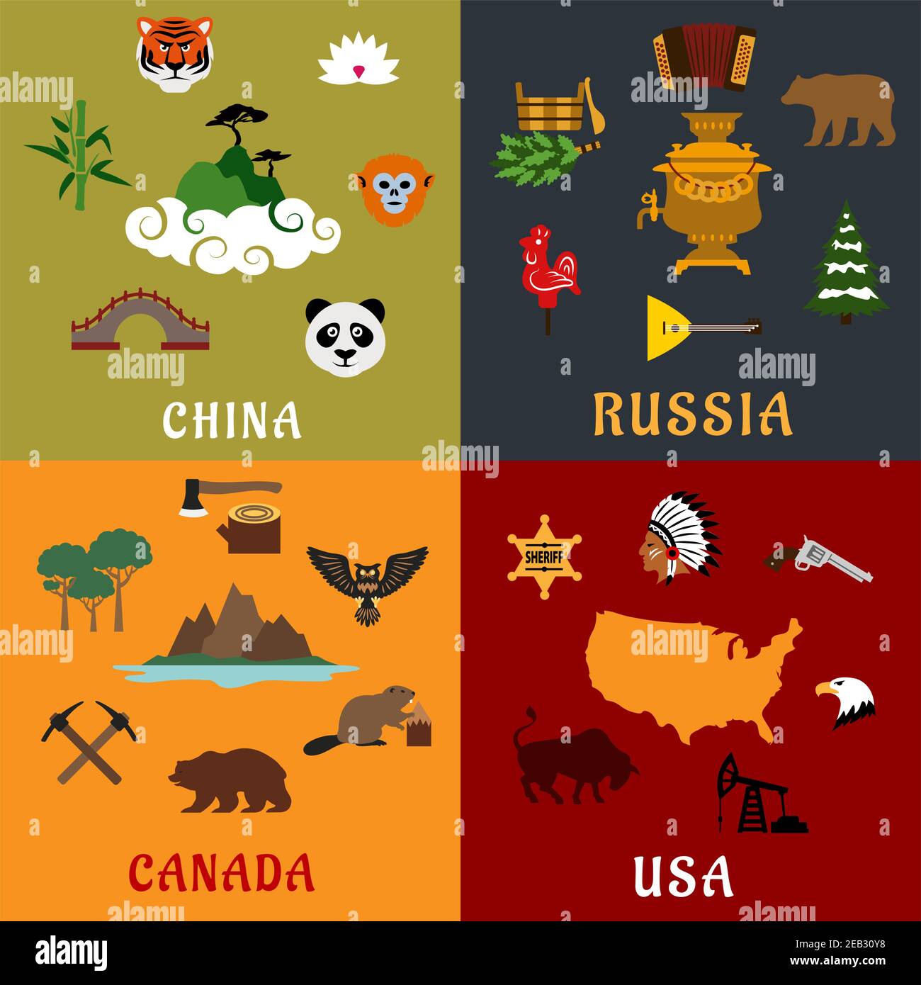 ., China, Rusia y Canadá concepto de viaje con los puntos de  referencia de la naturaleza, los animales raros, histórico y nacional de la  industria de los iconos planos Imagen Vector de