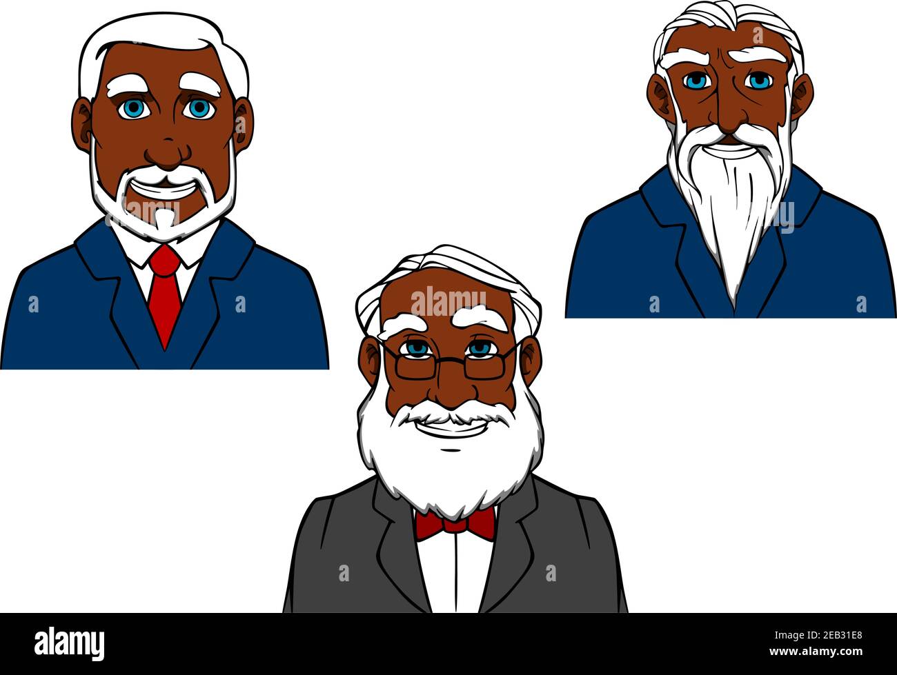 Dibujos animados sonriendo viejos personajes afroamericanos con gr pelo y  barbas en elegantes trajes Imagen Vector de stock - Alamy