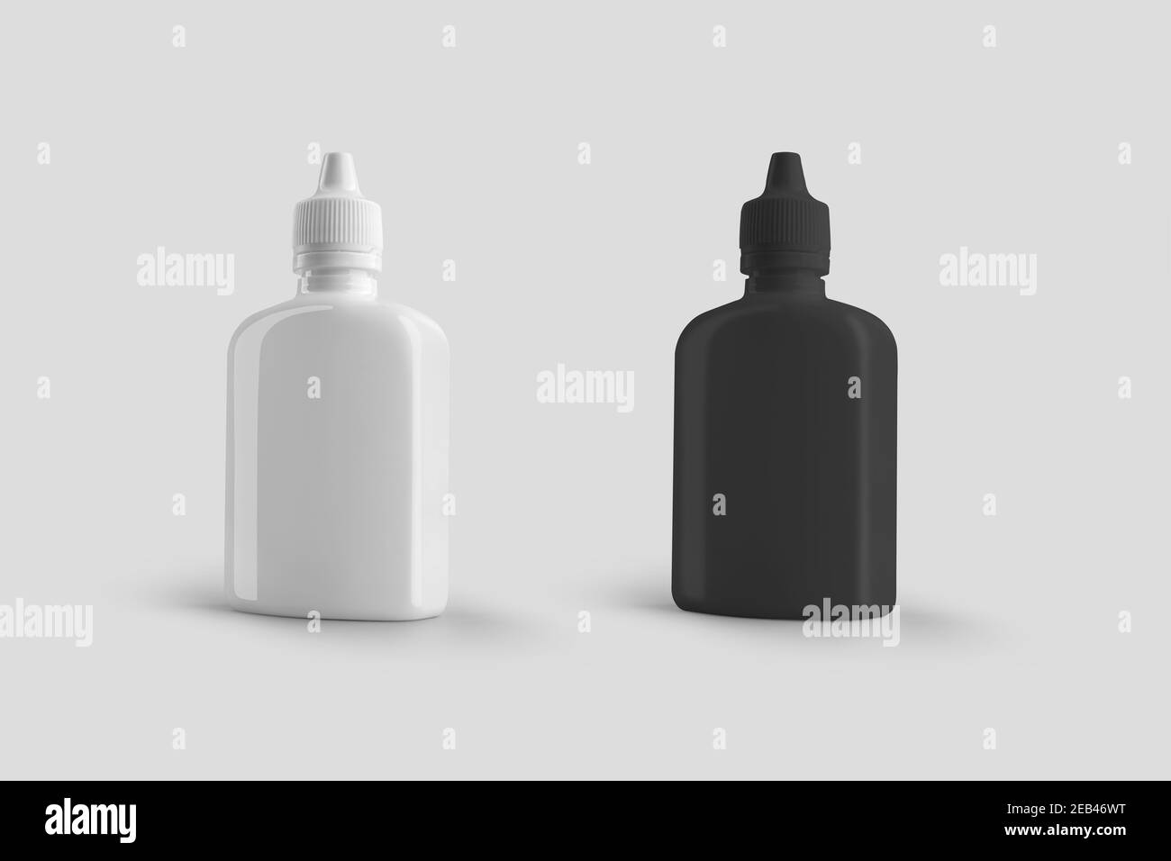 Una botella negra de plástico blanca con tapón de rosca, un frasco con una pipeta, aislada sobre el fondo. Plantilla de embalaje brillante con gotas, para adve Foto de stock
