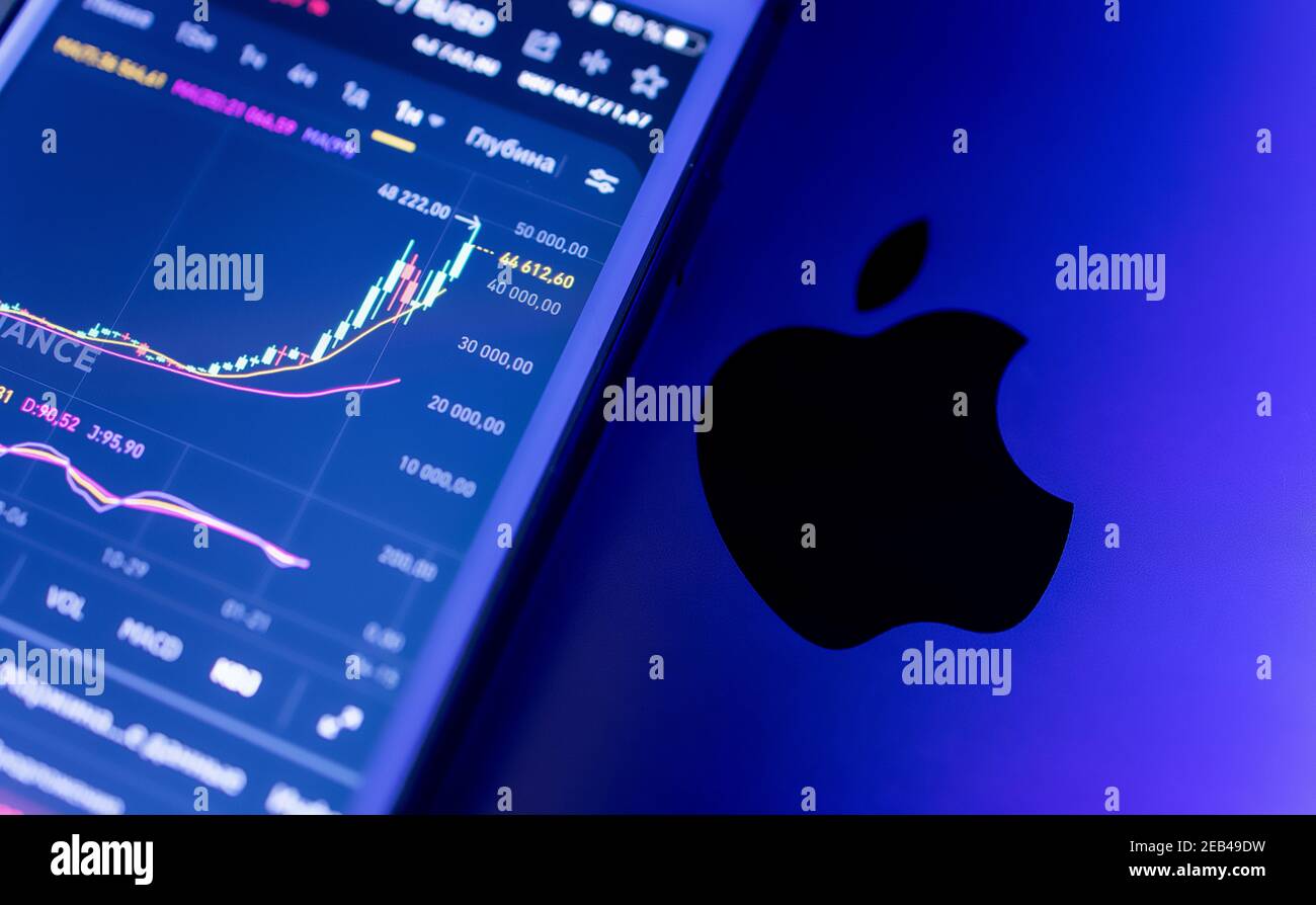 El logotipo de Apple en el fondo de una bolsa de valores, el precio de las  acciones, luz de neón Fotografía de stock - Alamy