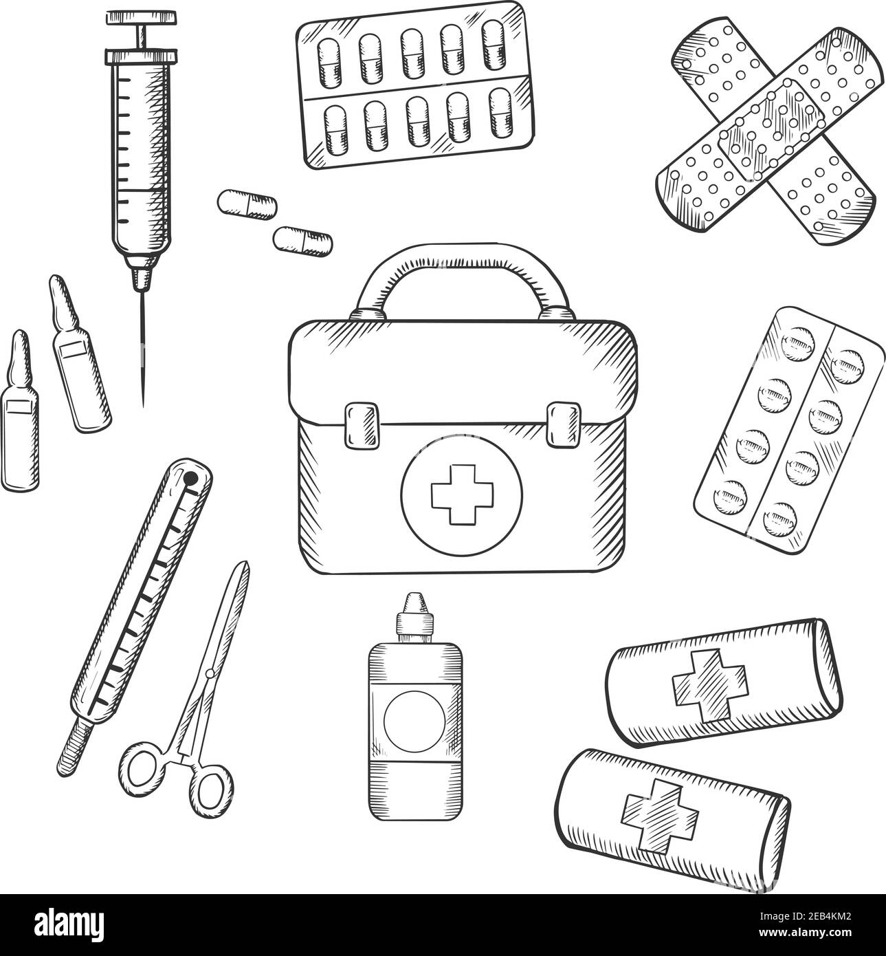 Concepto de ambulancia con un dibujo de iconos de un botiquín de primeros  auxilios, tiritas, medicación, fórceps, jeringa y tabletas. Para el diseño  de temas de medicina y salud Imagen Vector de