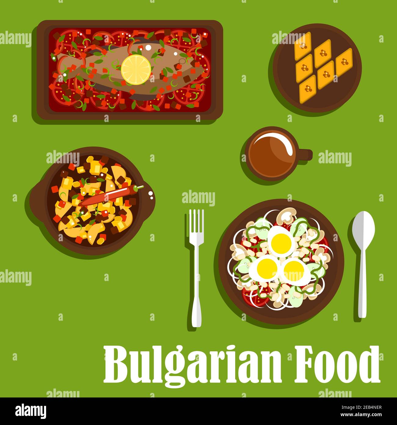 Deliciosa cena de cocina búlgara con ensalada vegetariana con tomate, cebolla, champiñones, pimienta, frijoles y huevos, estofado picante, carpa al horno con Ilustración del Vector