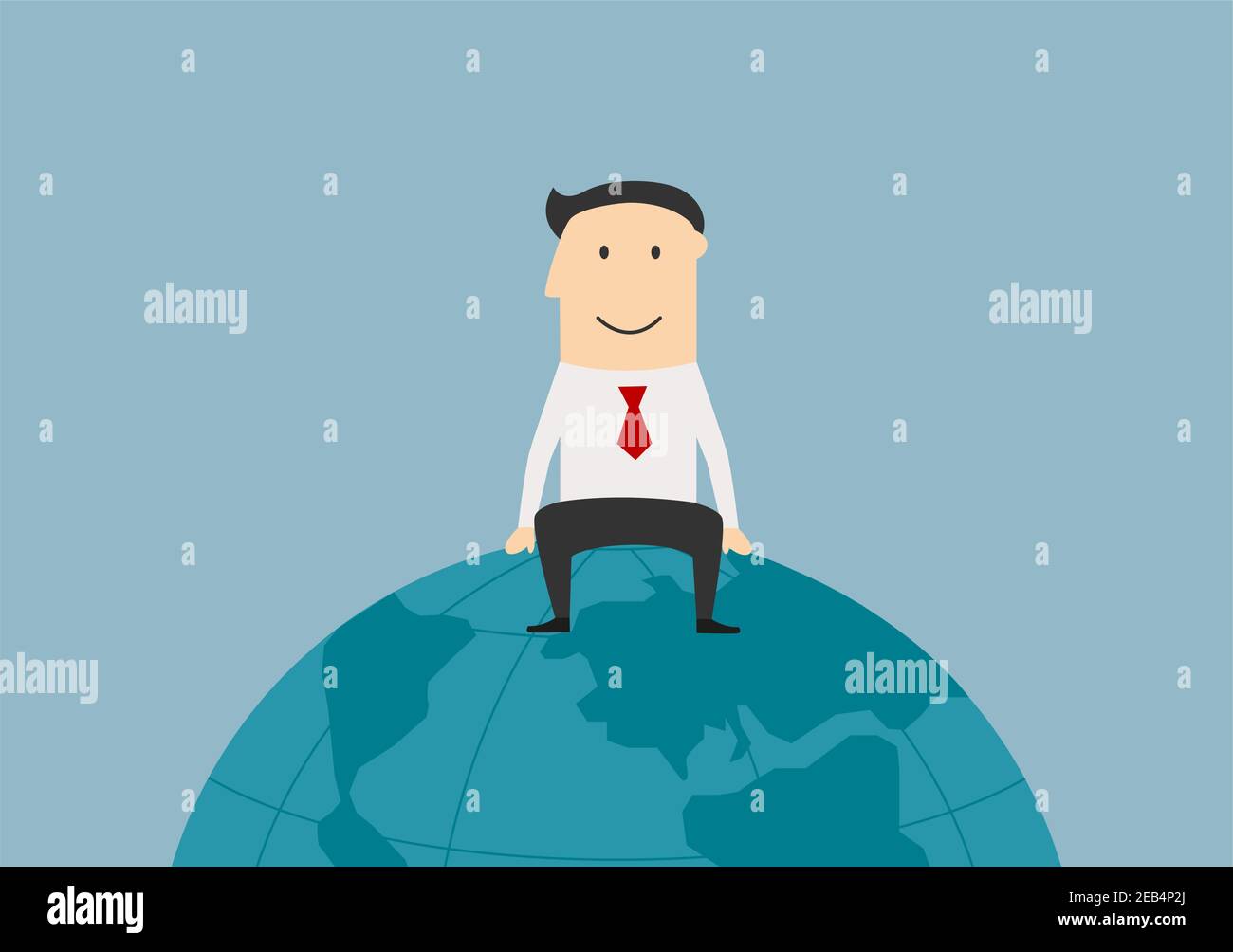 Mercado global, negocios internacionales y gente exitosa tema. Dibujos  animados exitoso hombre de negocios gozoso sentado en la cima del mundo  Imagen Vector de stock - Alamy