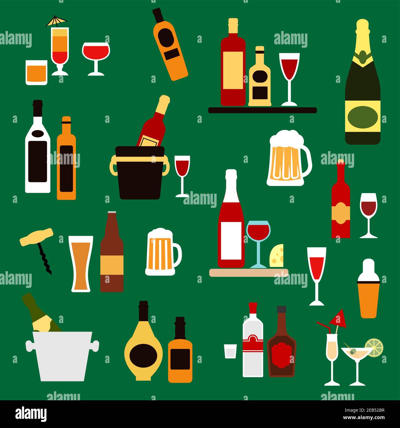 Bebidas, alcohol y bebidas iconos planos con botellas de vino, champán