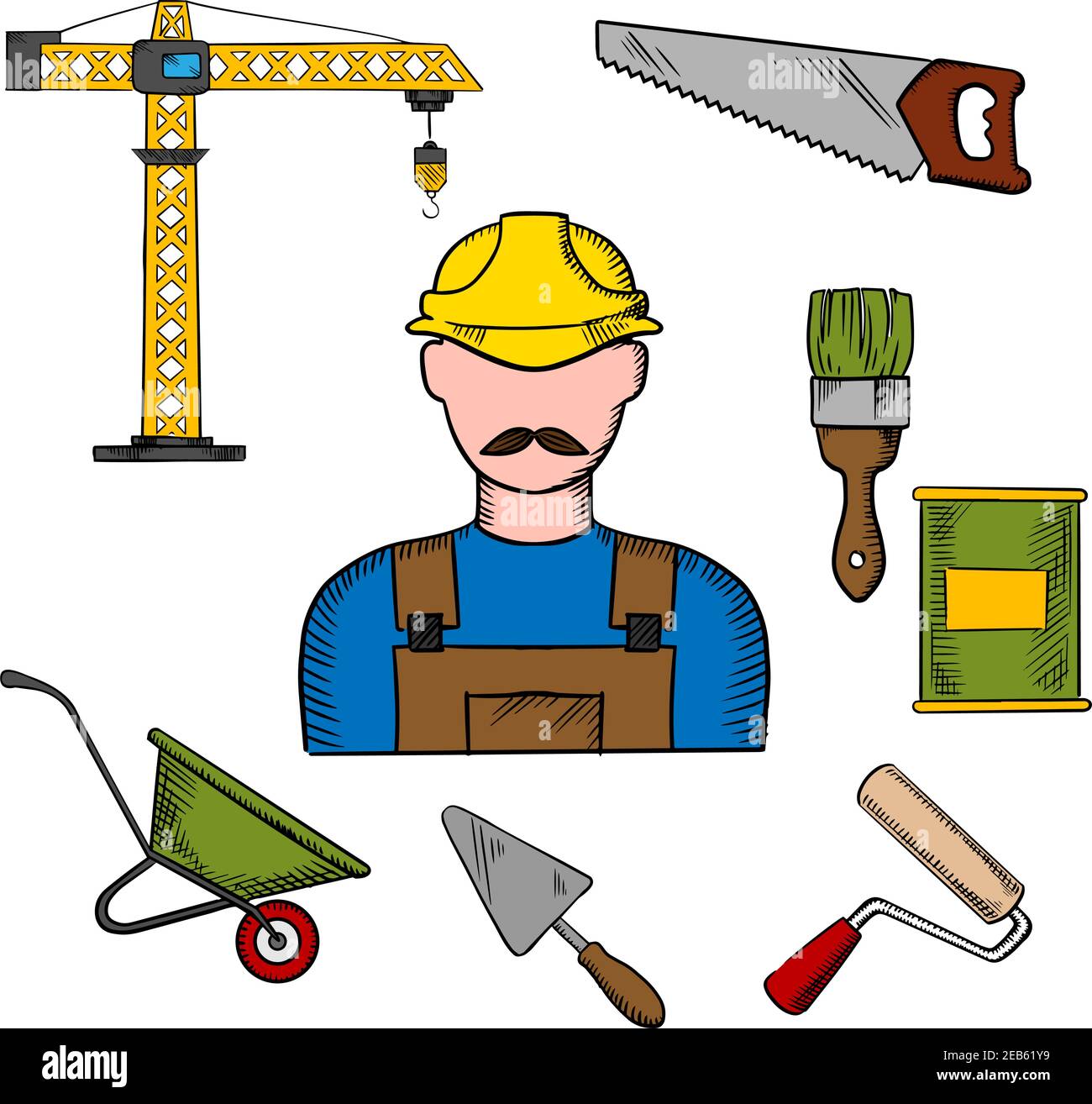 Profesión constructor herramientas de construcción iconos con el hombre en casco duro amarillo y grúa de torre, sierra y paleta, pincel y pintura lata, Whewba Imagen Vector de stock -