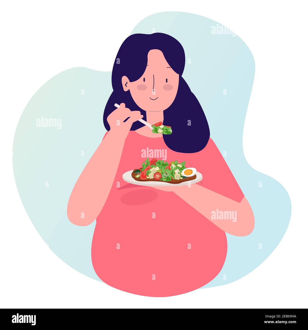 mujeres embarazadas comiendo ensalada de alimentos saludables con dibujos  animados de estilo plano Imagen Vector de stock - Alamy