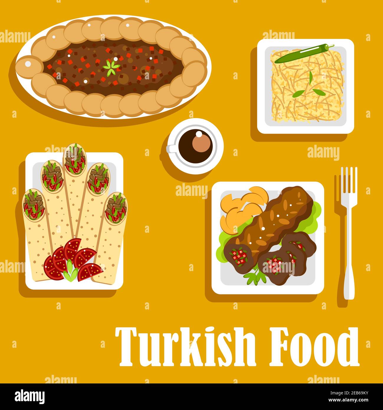 Auténtica comida turca con kebab relleno de pimientos y hierbas, servido con patata y café, pilaf con orzo, shawarma durum conmigo Ilustración del Vector