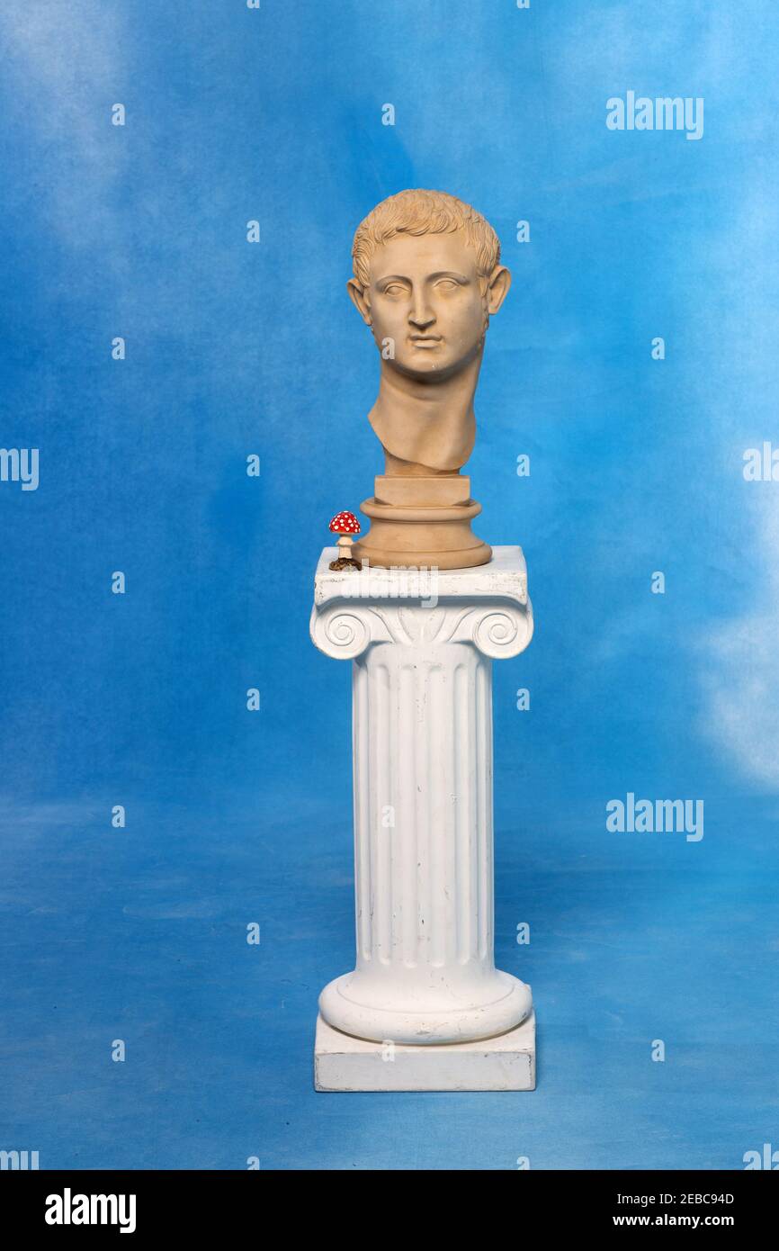 Busto presentado en un pedestal con fondo de cielo en el estudio Foto de stock