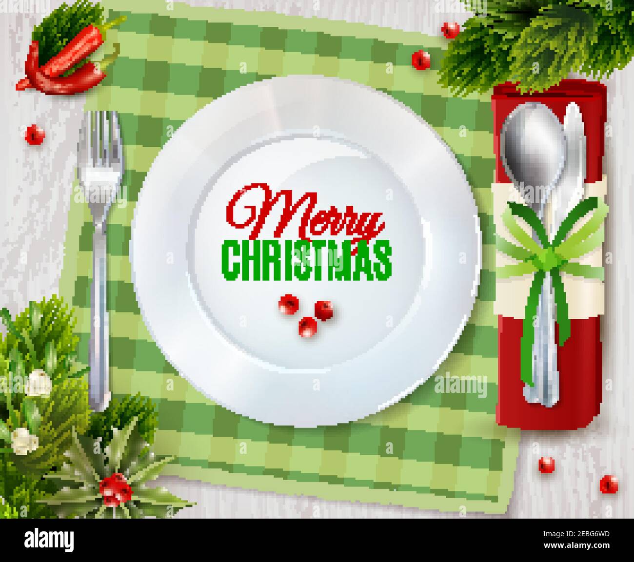 Navidad cena mesa lugar con plato y cubiertos para cuchara y cuchillo realista cartel vector ilustración Ilustración del Vector