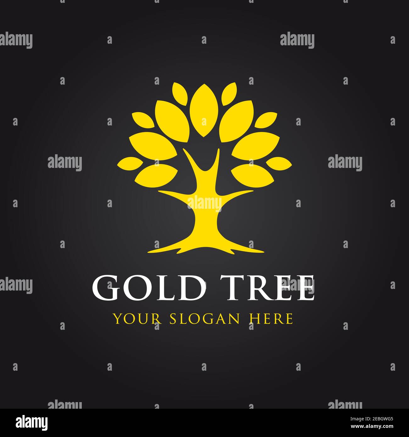 Logotipo de vector de árbol dorado. Árbol elegante con hojas de color amarillo o dorado. Medio ambiente, paisajismo, moda, parques, jardín, relajación, cuidado de la salud Ilustración del Vector