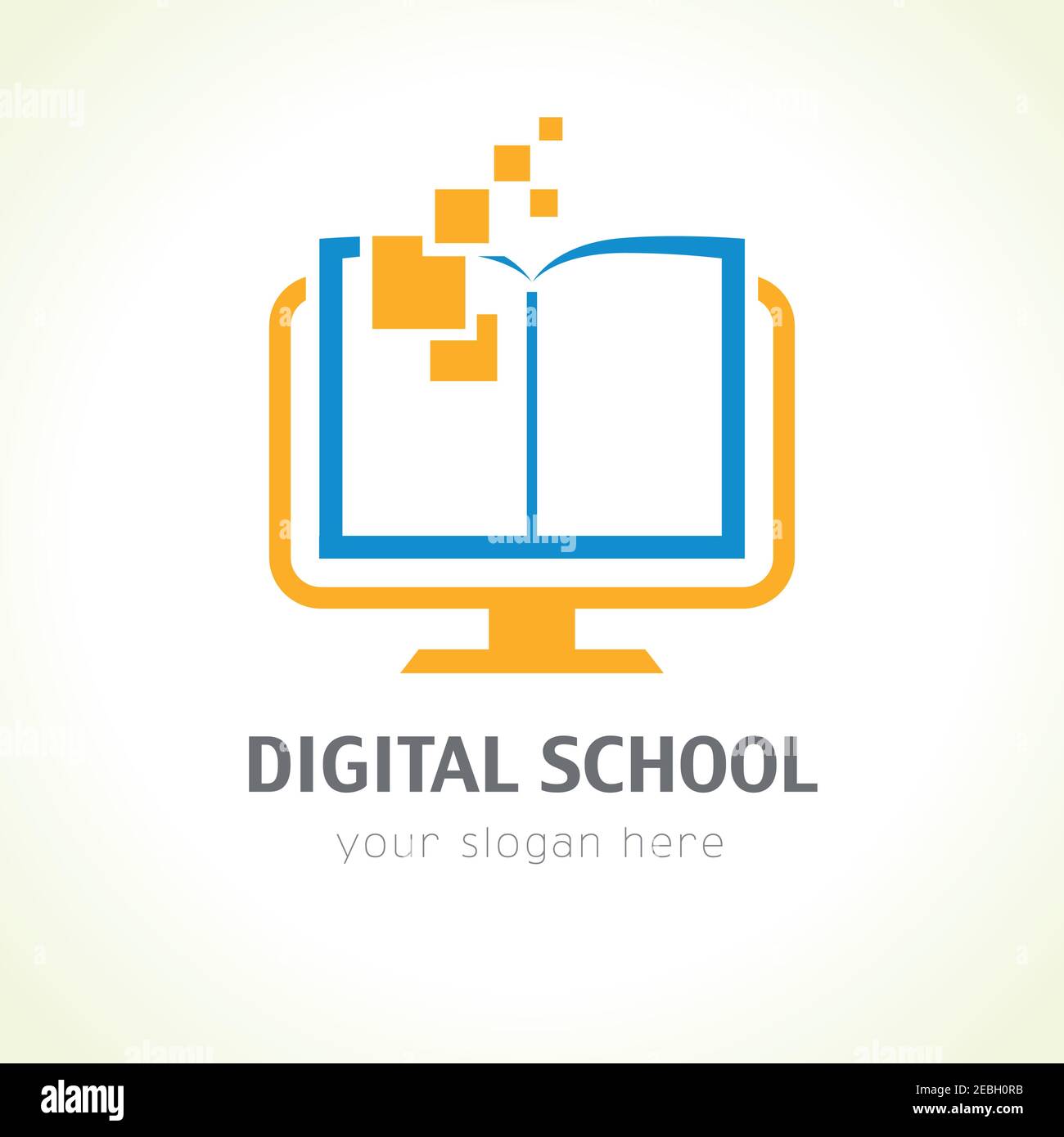 Escuela digital. Logotipo de vector azul educativo en línea. Libro abierto con páginas y píxeles. Identidad virtual de cursos de i.q. E-libro, e-biblioteca o e-lector tan Ilustración del Vector