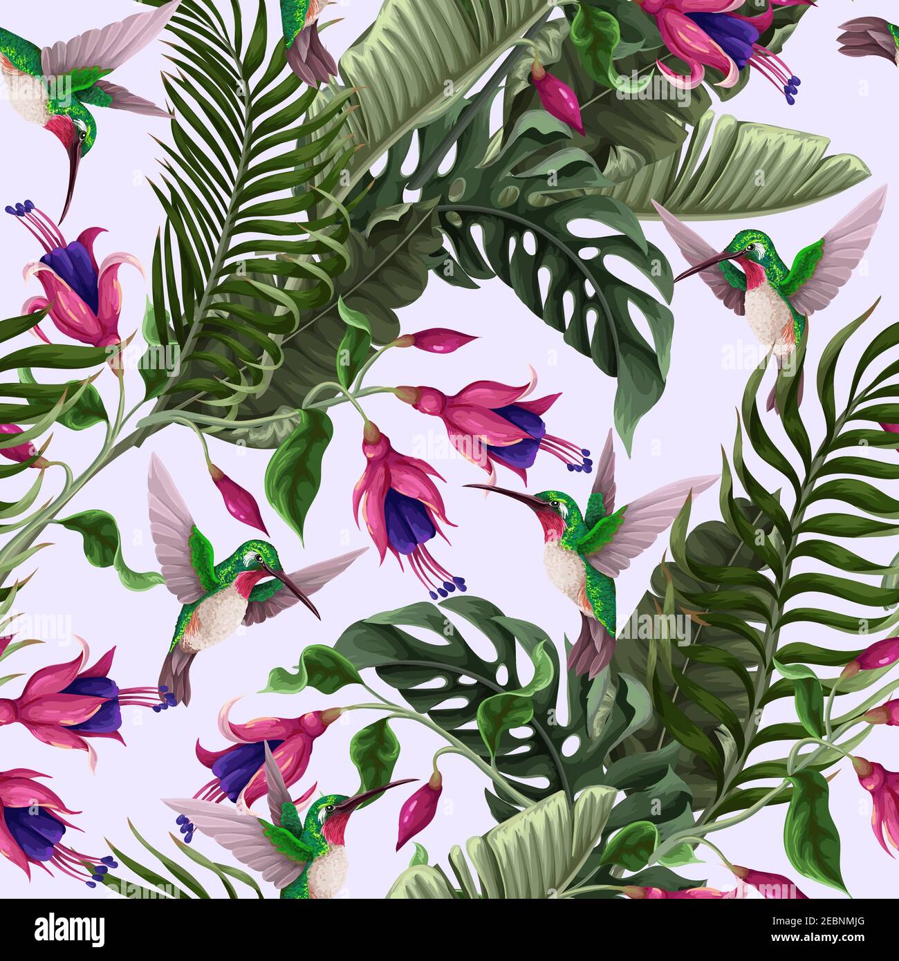 Diseño sin costuras con colibríes y flores tropicales. Moderno estampado vectorial. Ilustración del Vector