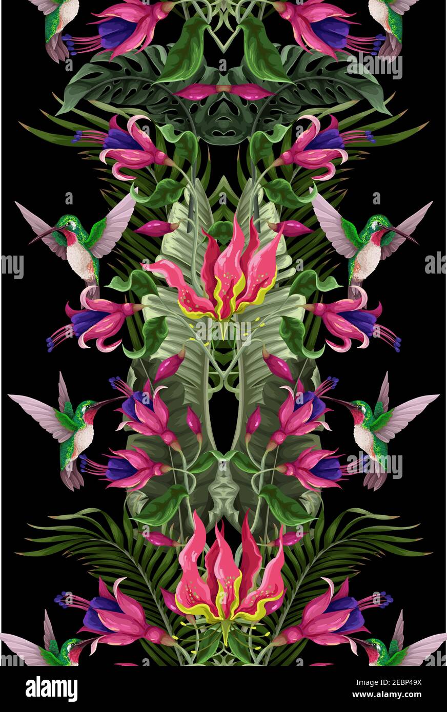 Diseño sin costuras con colibríes y flores tropicales. Moderno estampado vectorial. Ilustración del Vector