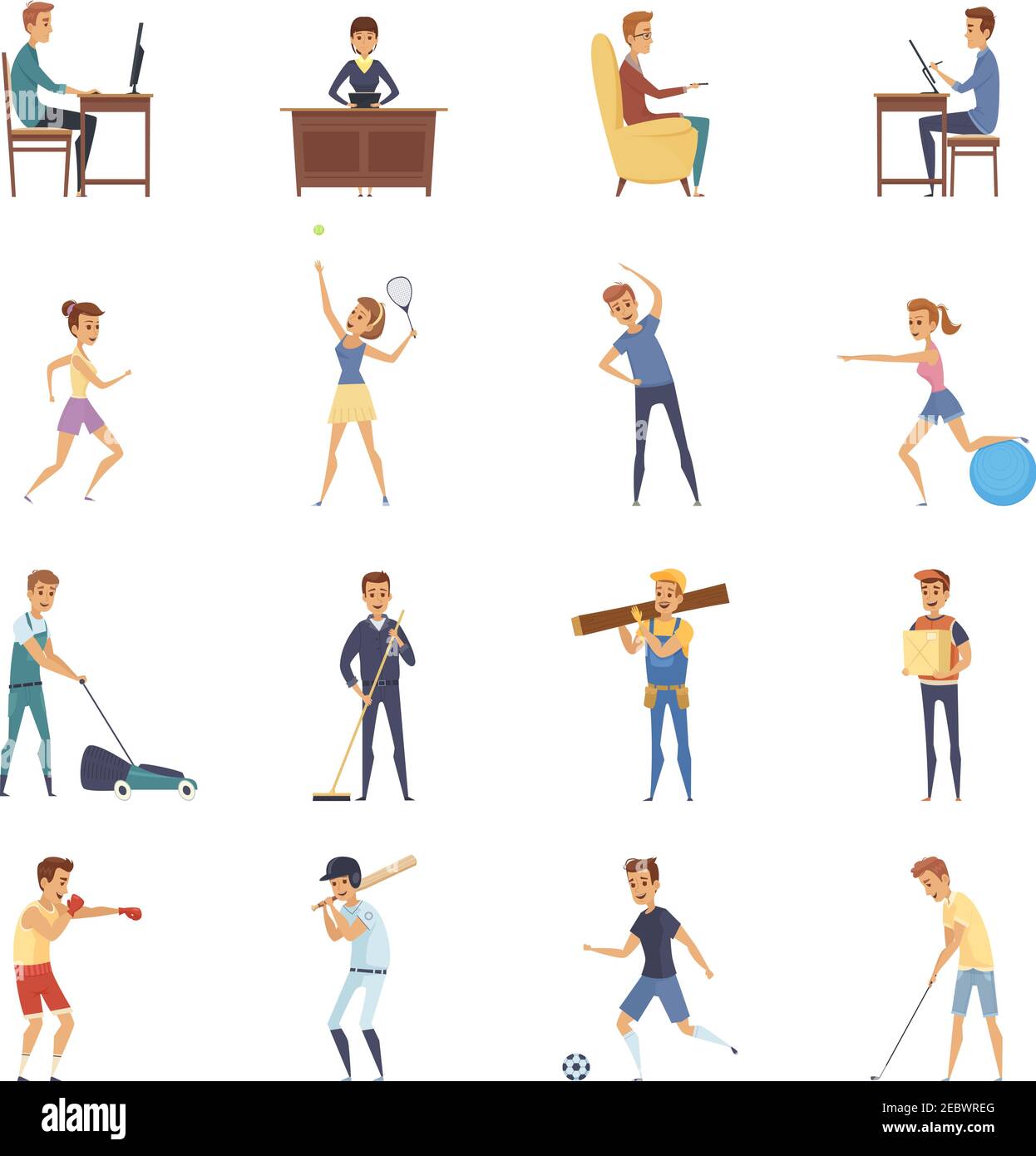 Actividad física y estilo de vida iconos aislados con personajes de dibujos  animados hacer turismo físico y actividades deportivas ilustración  vectorial Imagen Vector de stock - Alamy